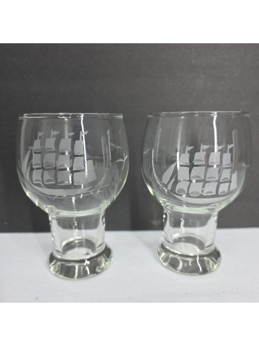 VTG Clipper Ship Etched Clear Beer Glasses 12 Oz Schooner Nautical Vaca Sailing